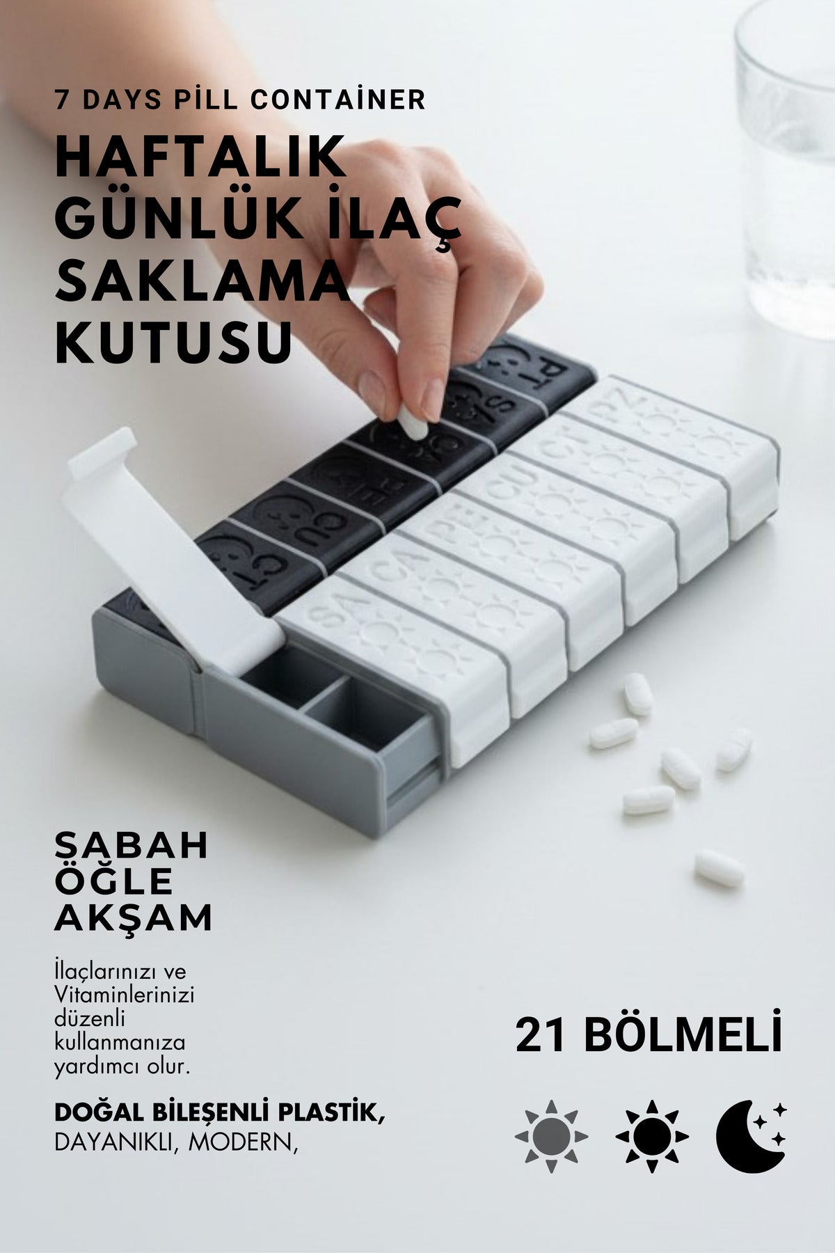 Haftalık Sabah Akşam İlaç Kutusu 21 Bölmeli Günlük Düzenleyici Plastik Saklama Kabı