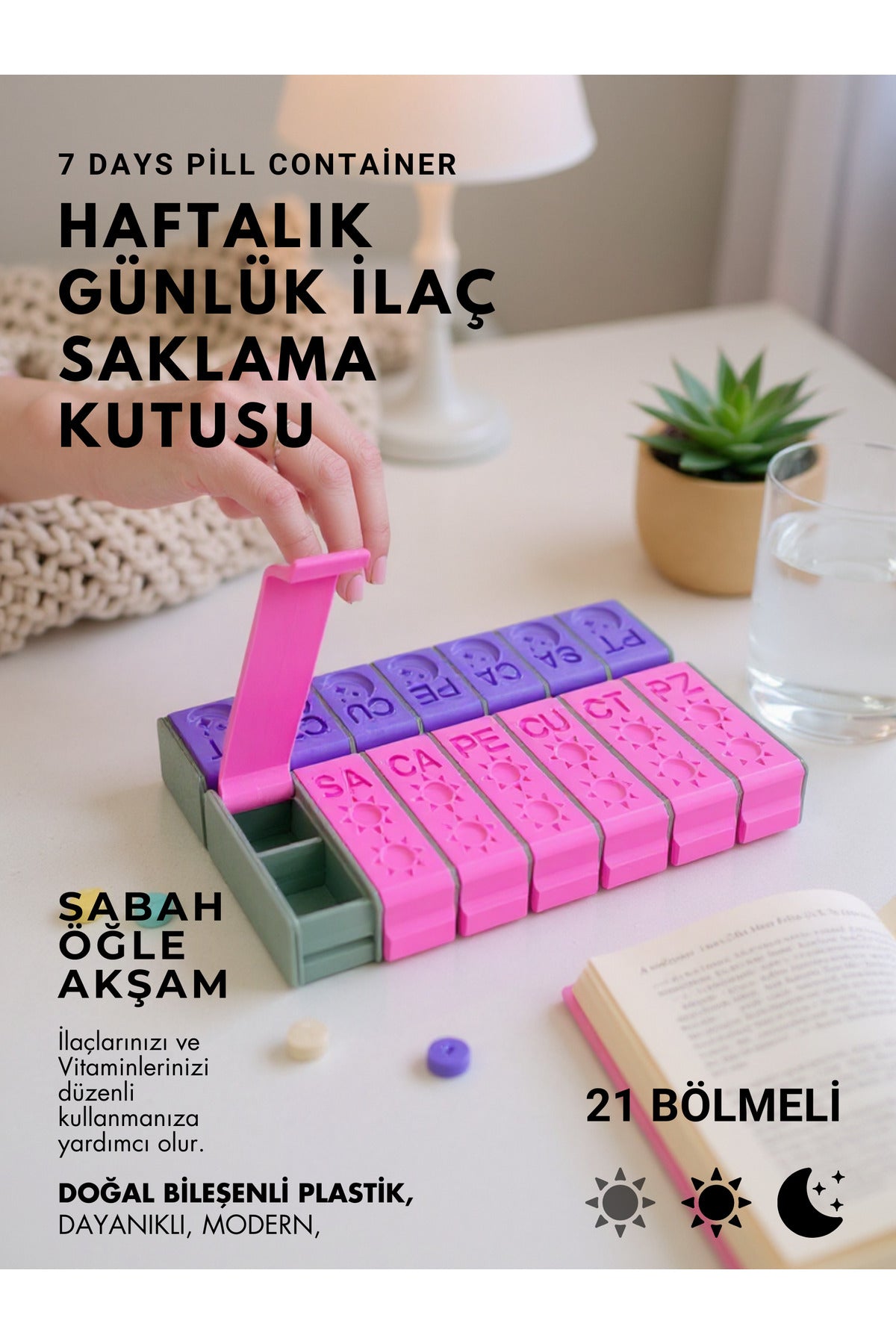 Haftalık Sabah Akşam İlaç Kutusu 21 Bölmeli Günlük Düzenleyici Plastik Saklama Kabı