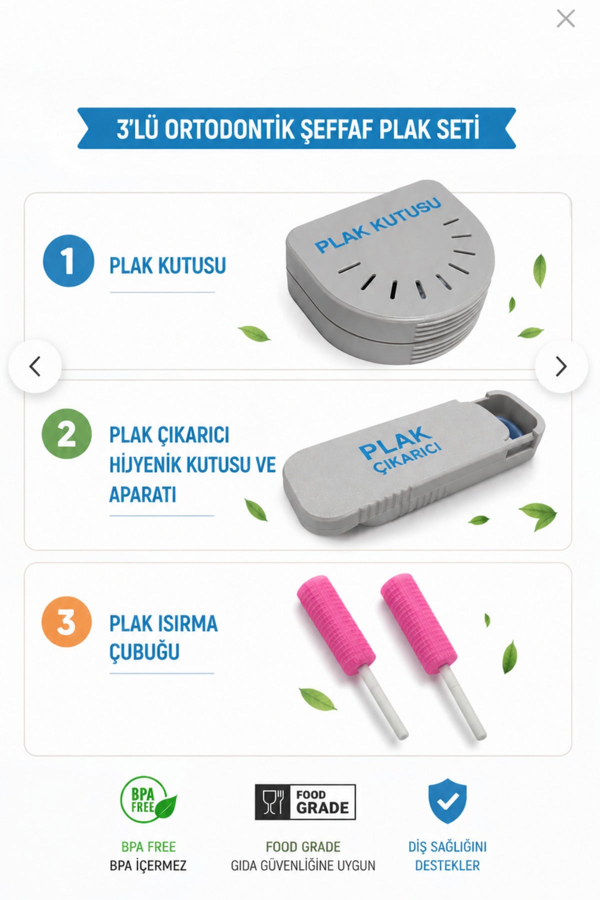 Ortodontik Şeffaf Plak Çıkarma Aparatı, Şeffaf Plak Kutusu ve Isırma Çubuğu Chewie Seti