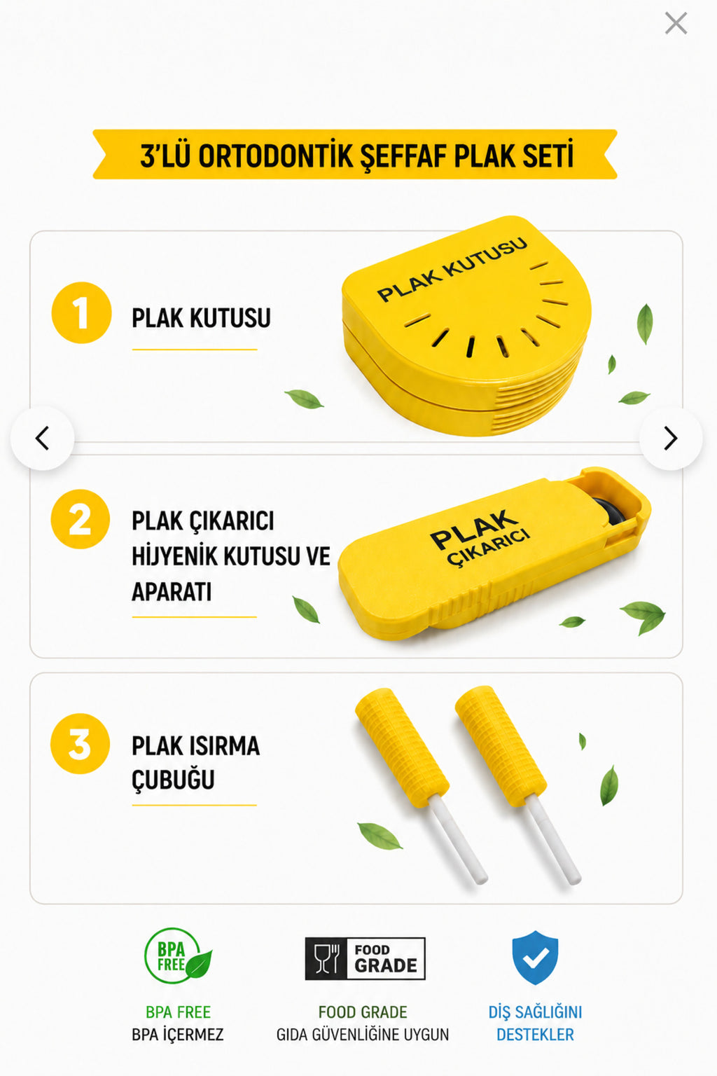 Ortodontik Şeffaf Plak Çıkarma Aparatı, Şeffaf Plak Kutusu ve Isırma Çubuğu Chewie Seti